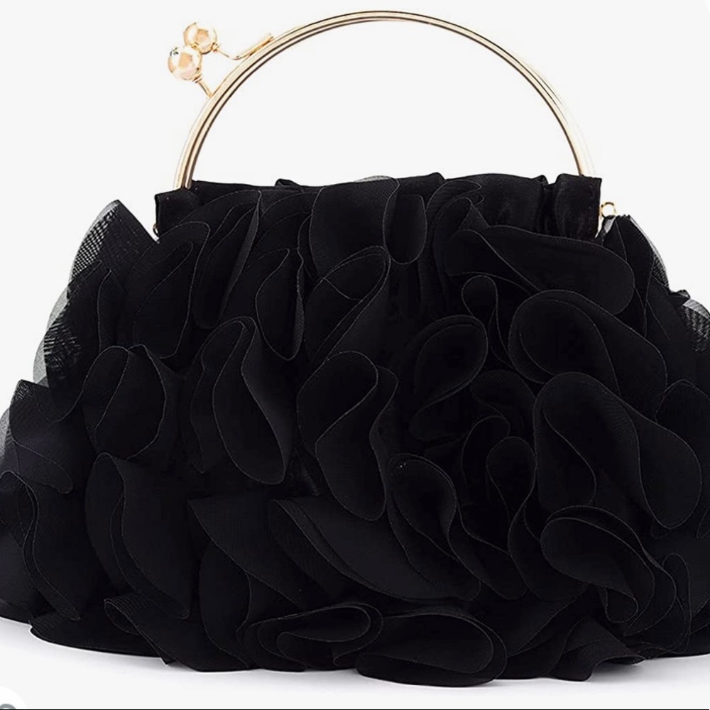 Satin flower clutch evening bag, black with gold hardware